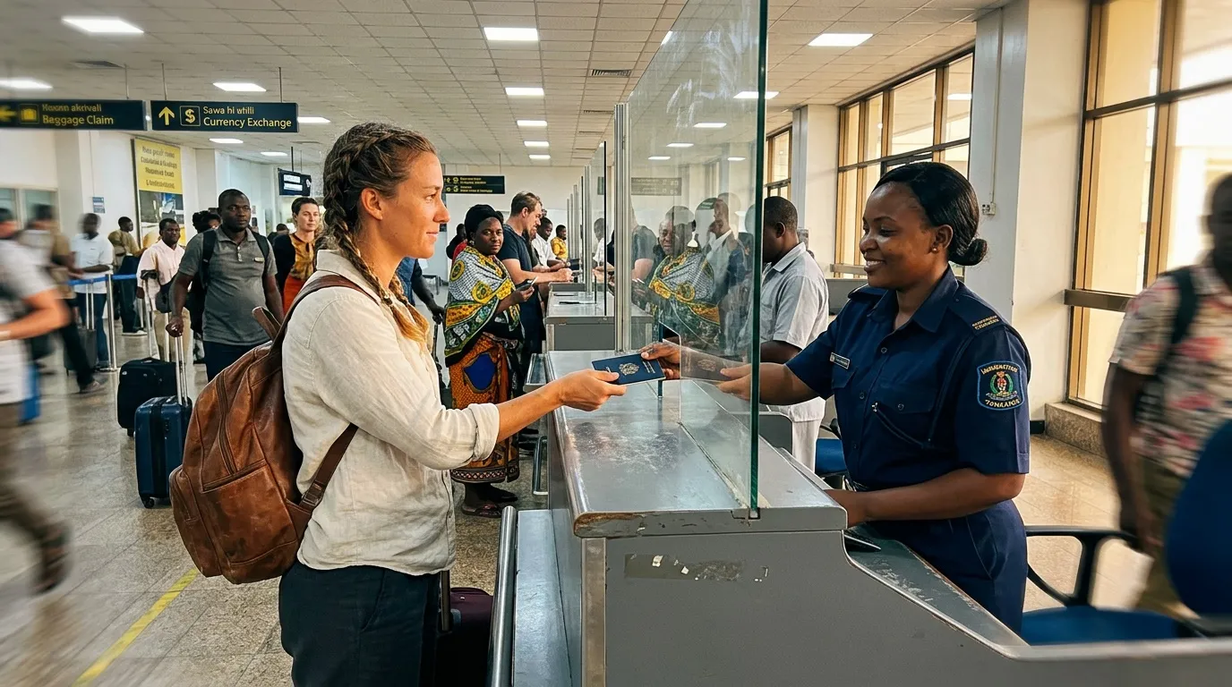 Agent douane vérifie passeport d'une passagère à l'aéroport