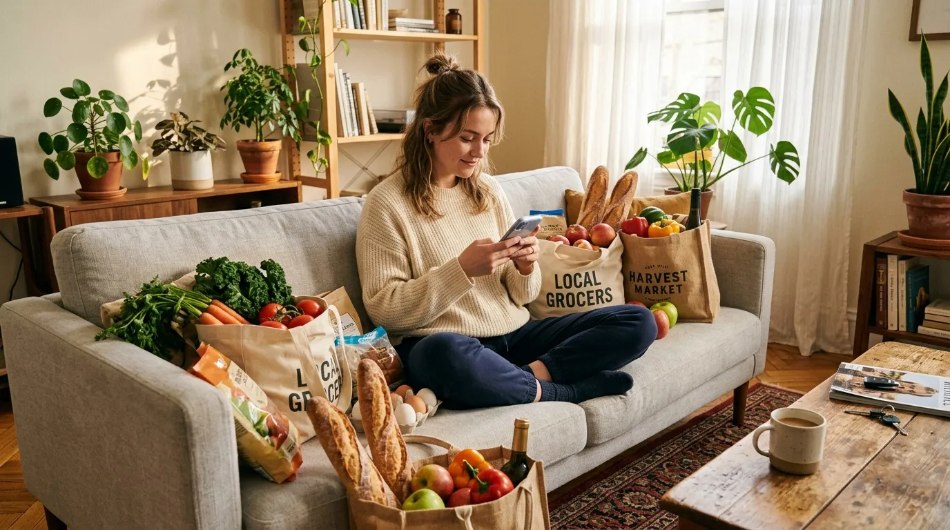 Femme examine produits frais épicerie locale assise canapé