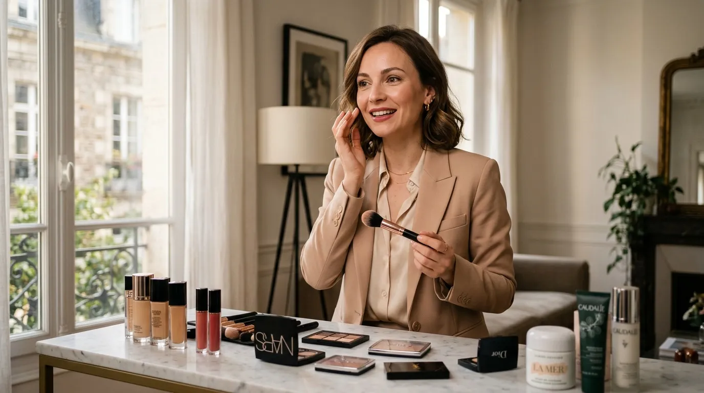 Femme présentant produits cosmétiques avec pinceau maquillage