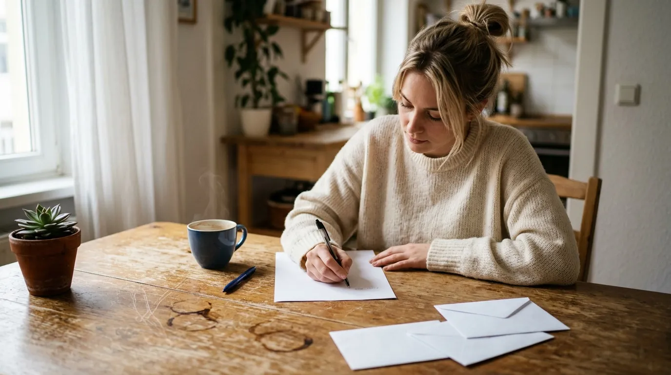 Femme en pull beige écrivant à une table en bois naturel