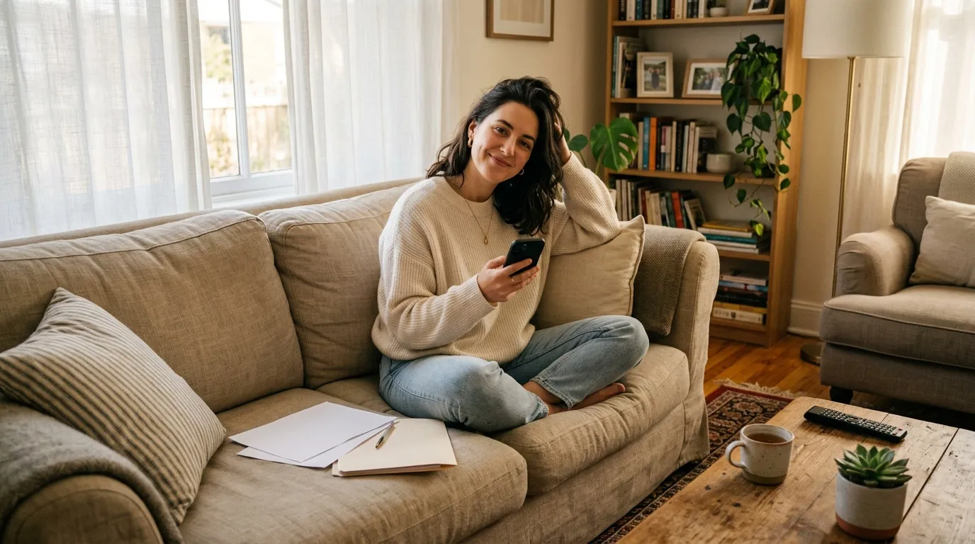 Femme souriante assise sur canapé beige tenant un téléphone