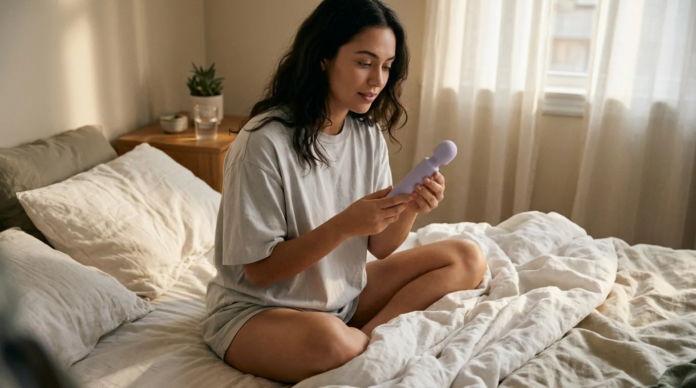 Femme assise sur lit tenant appareil wellness
