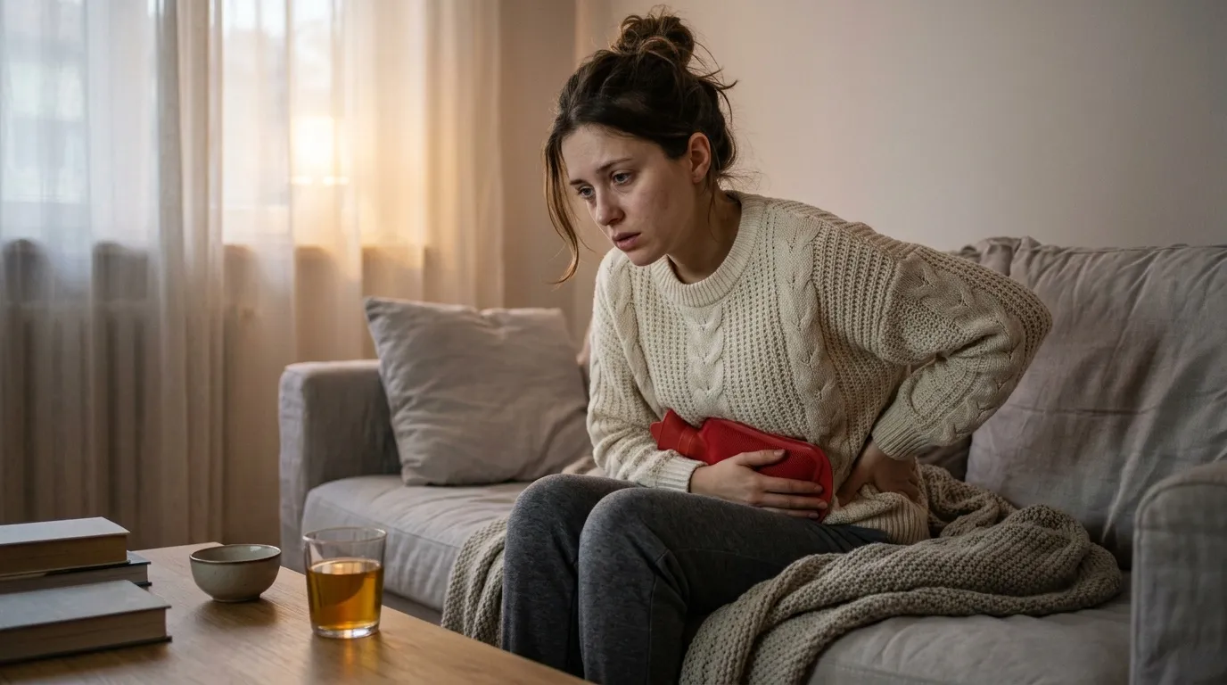 Femme en pull crème assise sur canapé, tenant son ventre