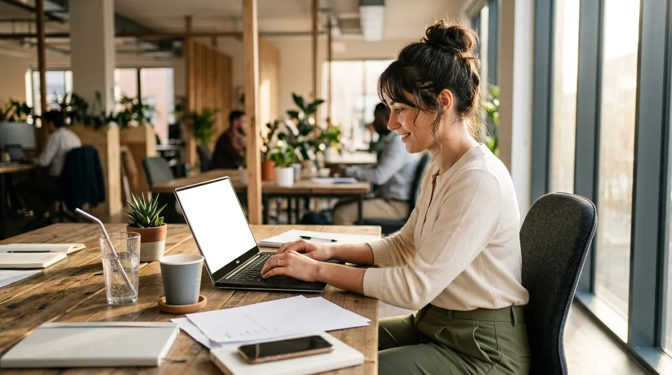 Femme souriante travaille sur laptop dans un espace de travail lumineux
