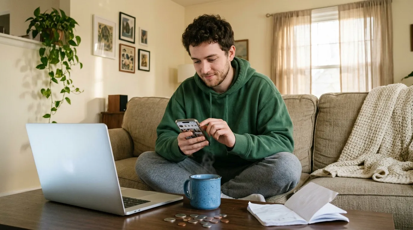 Homme consultant son téléphone avec laptop et argent sur table