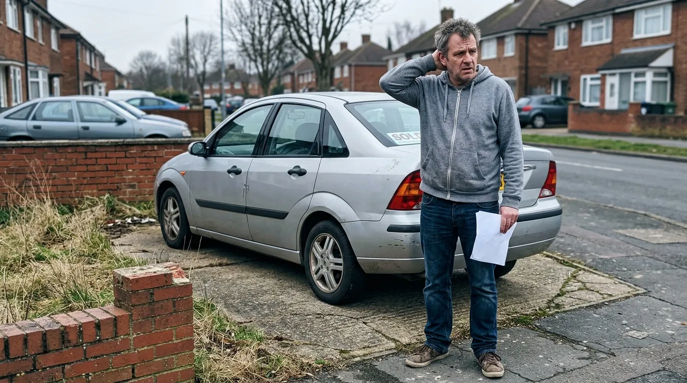 Homme examine voiture blanche dans quartier résidentiel