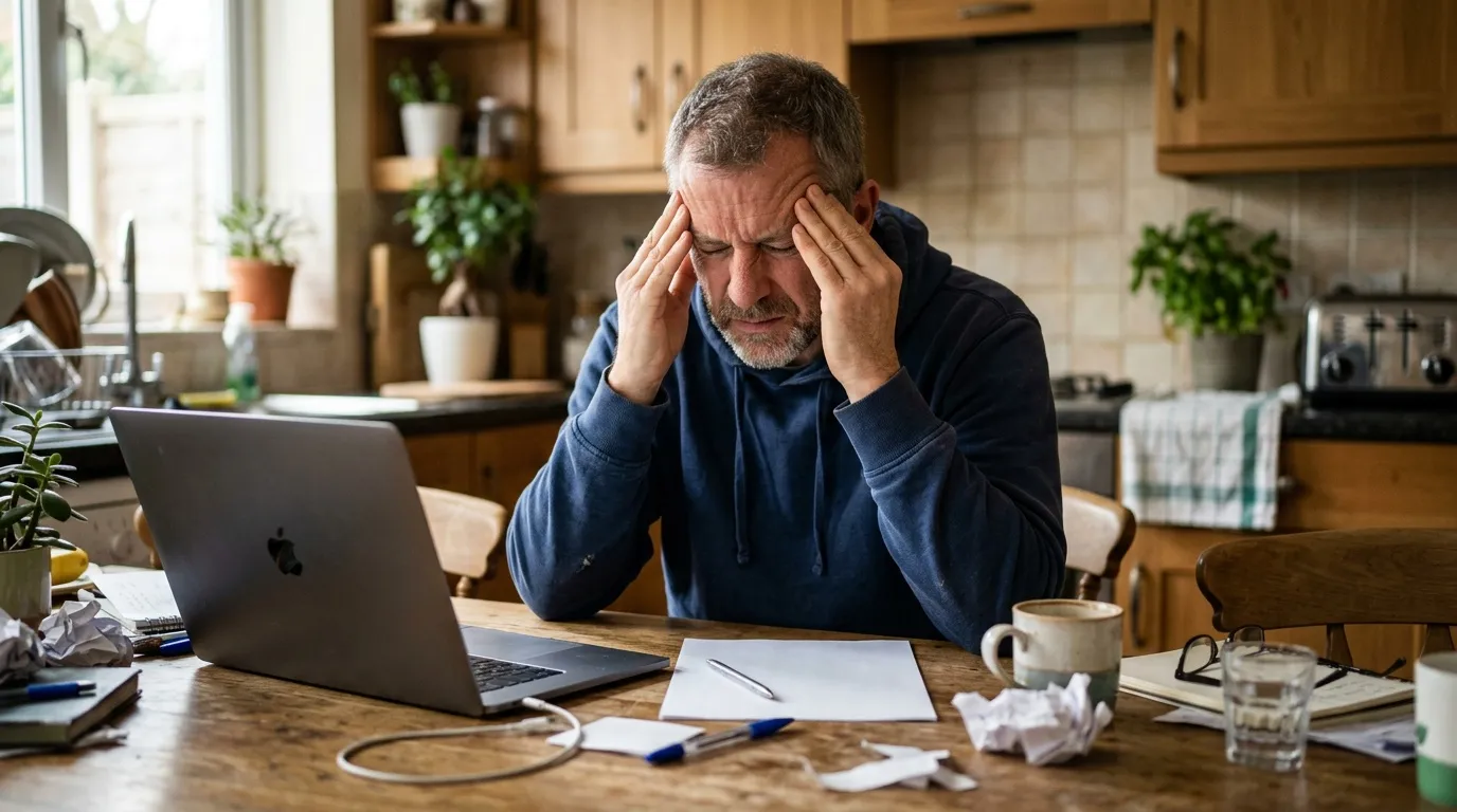 Homme fatigué se tenant la tête devant son ordinateur portable