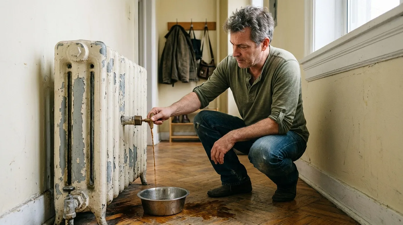 Homme vérifiant une fuite d'eau sur un vieux radiateur