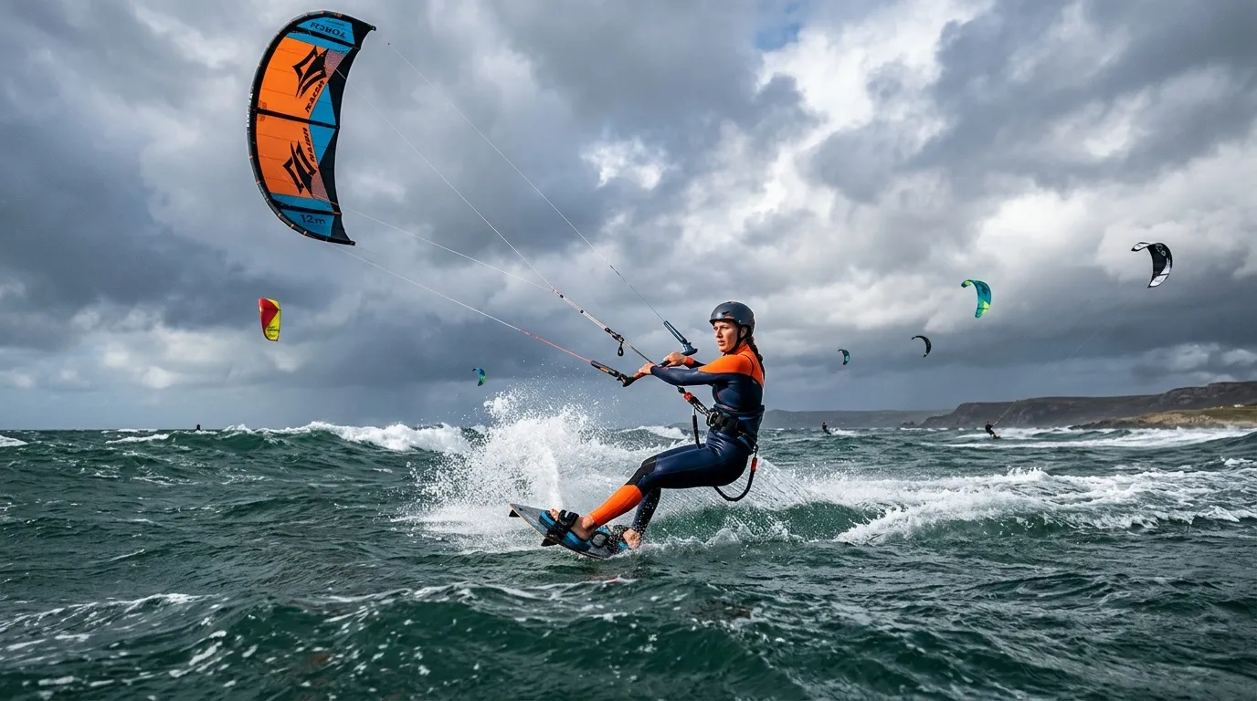 Kitesurfeur en orange et bleu naviguant sur les vagues côtières