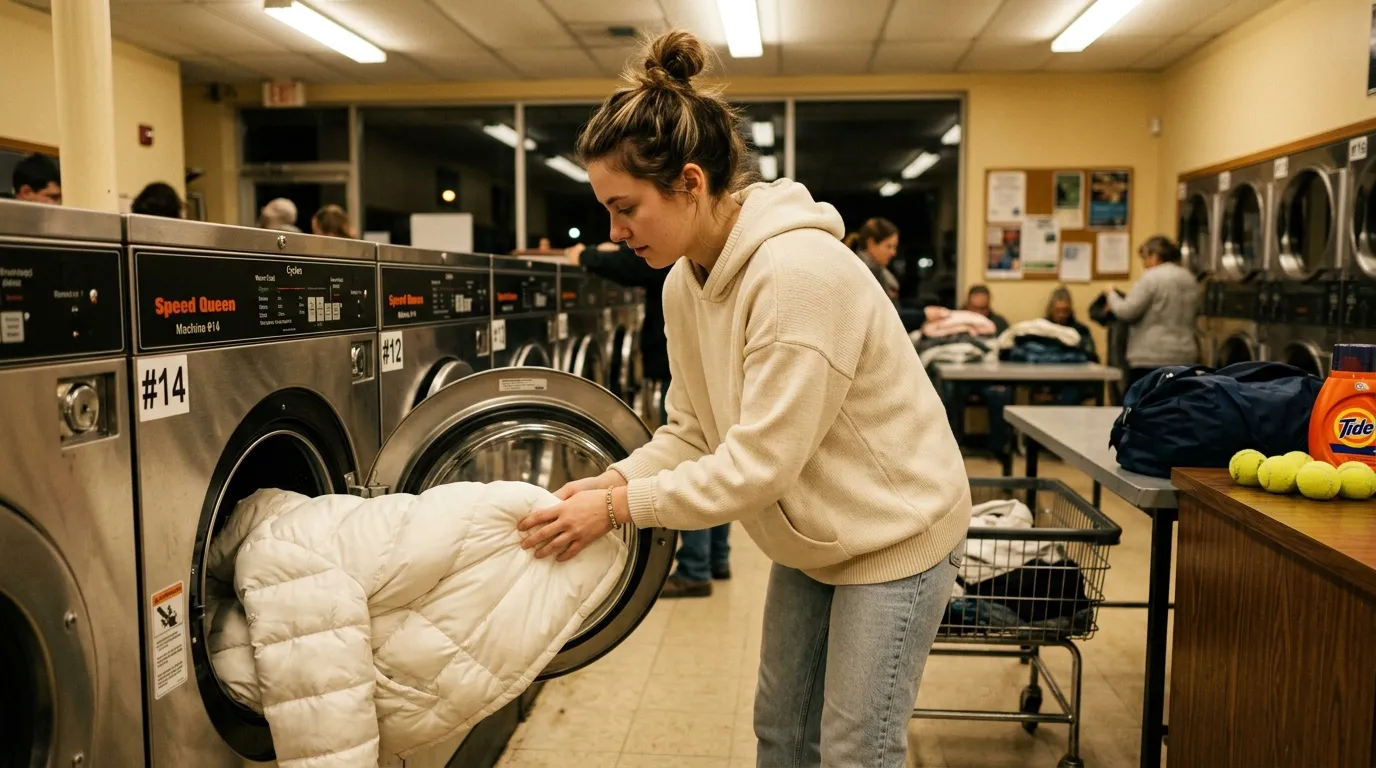 Femme plaçant une couette blanche dans une machine à laver