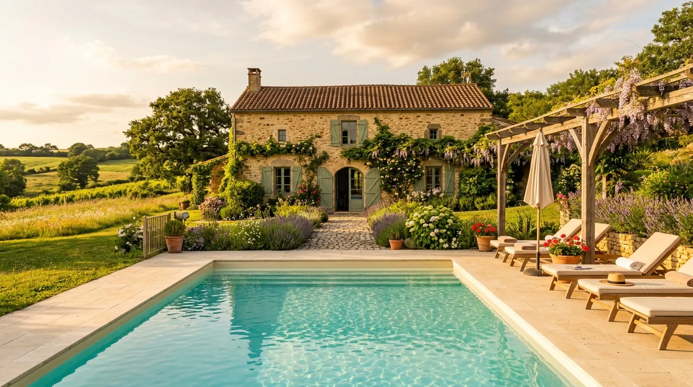 Villa en pierre avec piscine turquoise et jardin méditerranéen