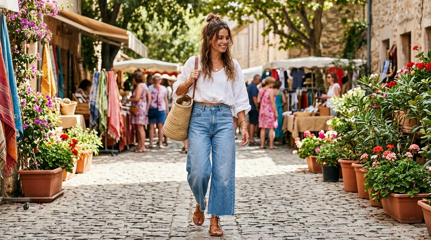 Femme souriante flânant dans un marché coloré méditerranéen