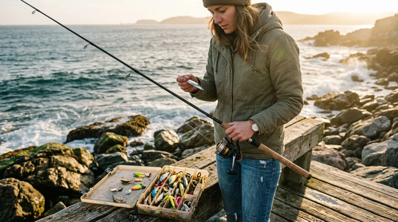 Femme pêchant à la ligne avec boîtes d'appâts
