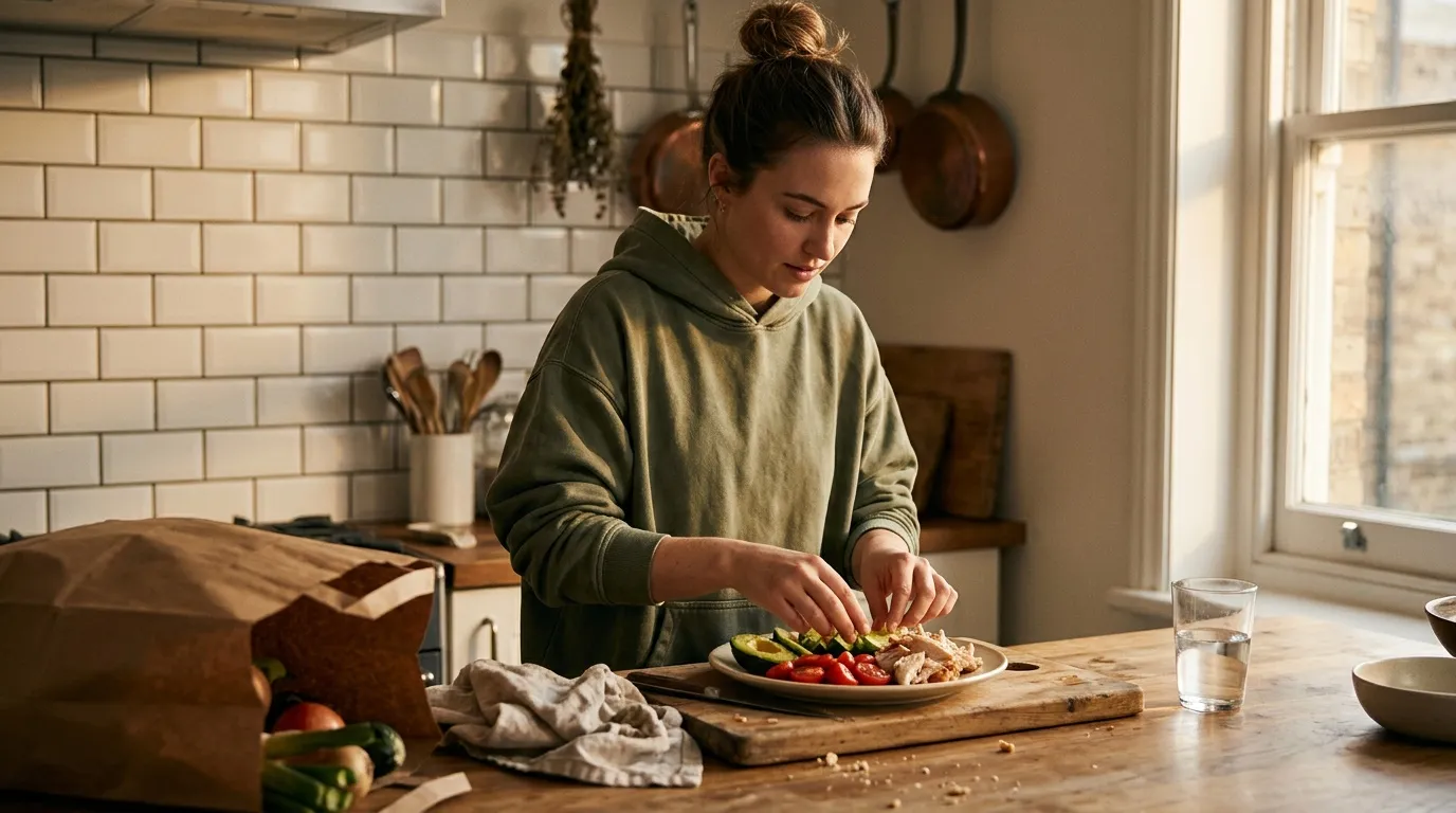 Femme préparant un plat avec légumes frais en cuisine