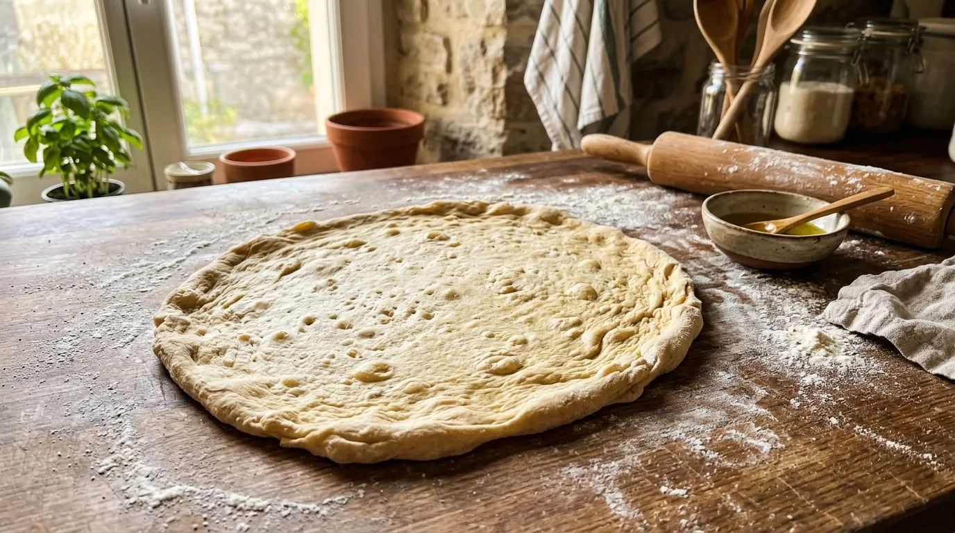 Pâte à pain étalée sur plan de travail fariné avec ustensiles