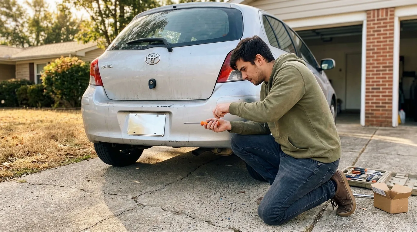 Homme réparant l'arrière d'une Toyota blanche
