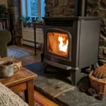 Intérieur confortable avec foyer actif et mobilier chaleureux