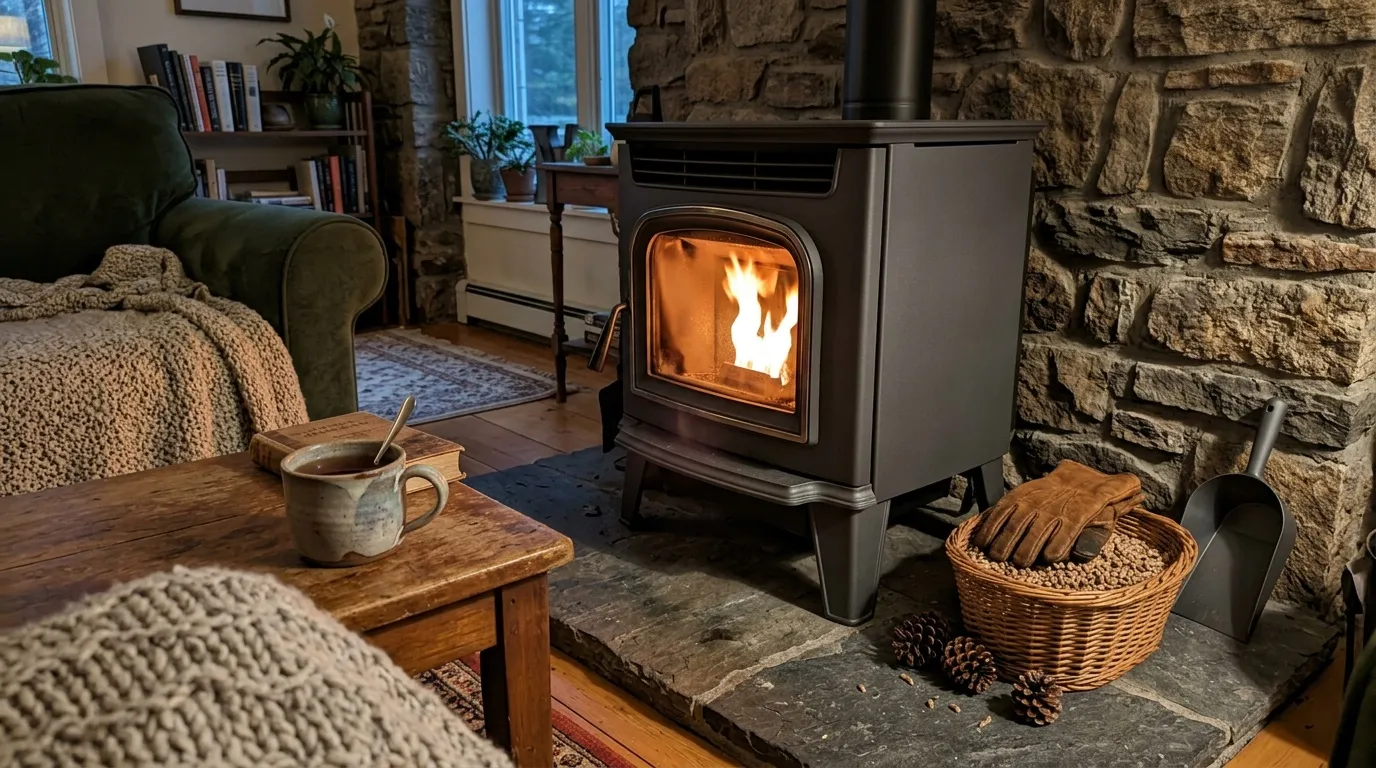 Intérieur confortable avec foyer actif et mobilier chaleureux