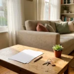 Bureau en bois avec laptop, canapé beige, fenêtres lumineuses
