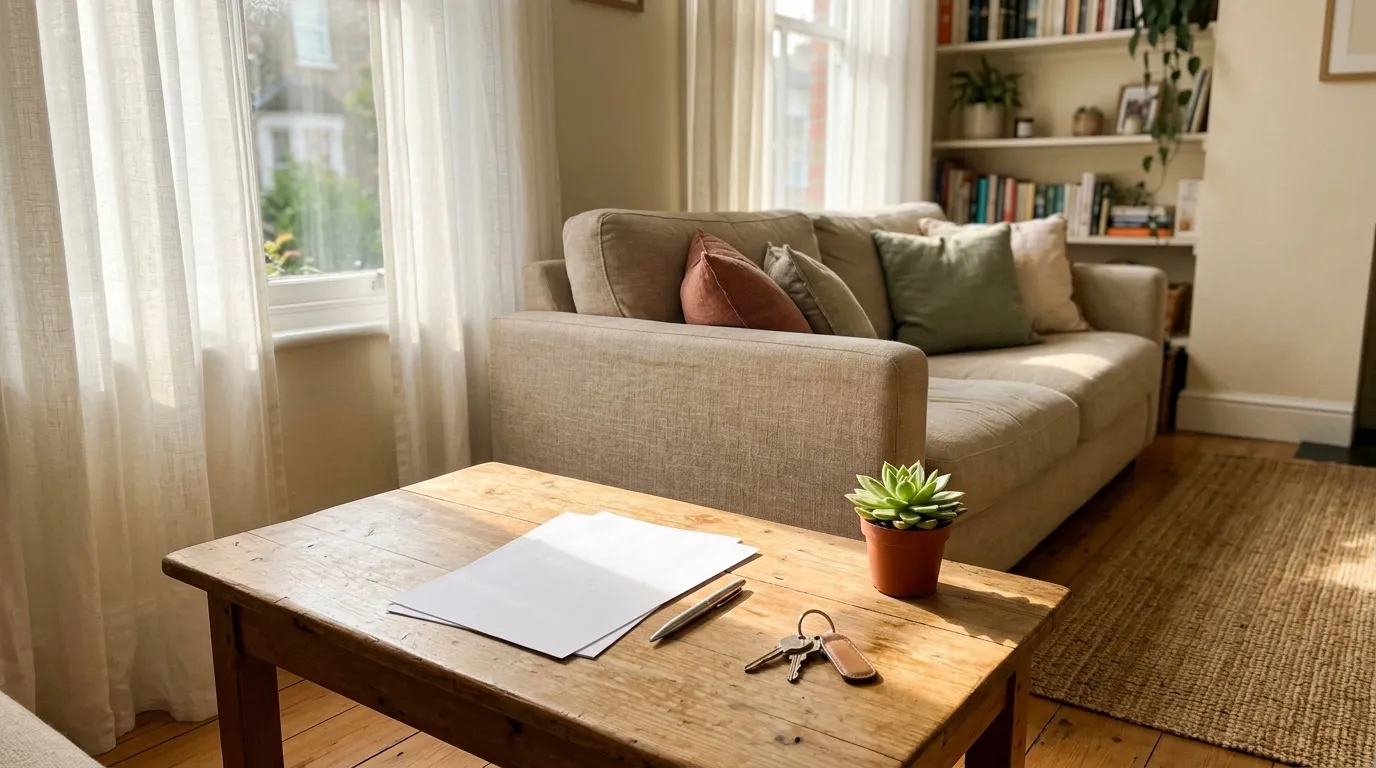 Bureau en bois avec laptop, canapé beige, fenêtres lumineuses