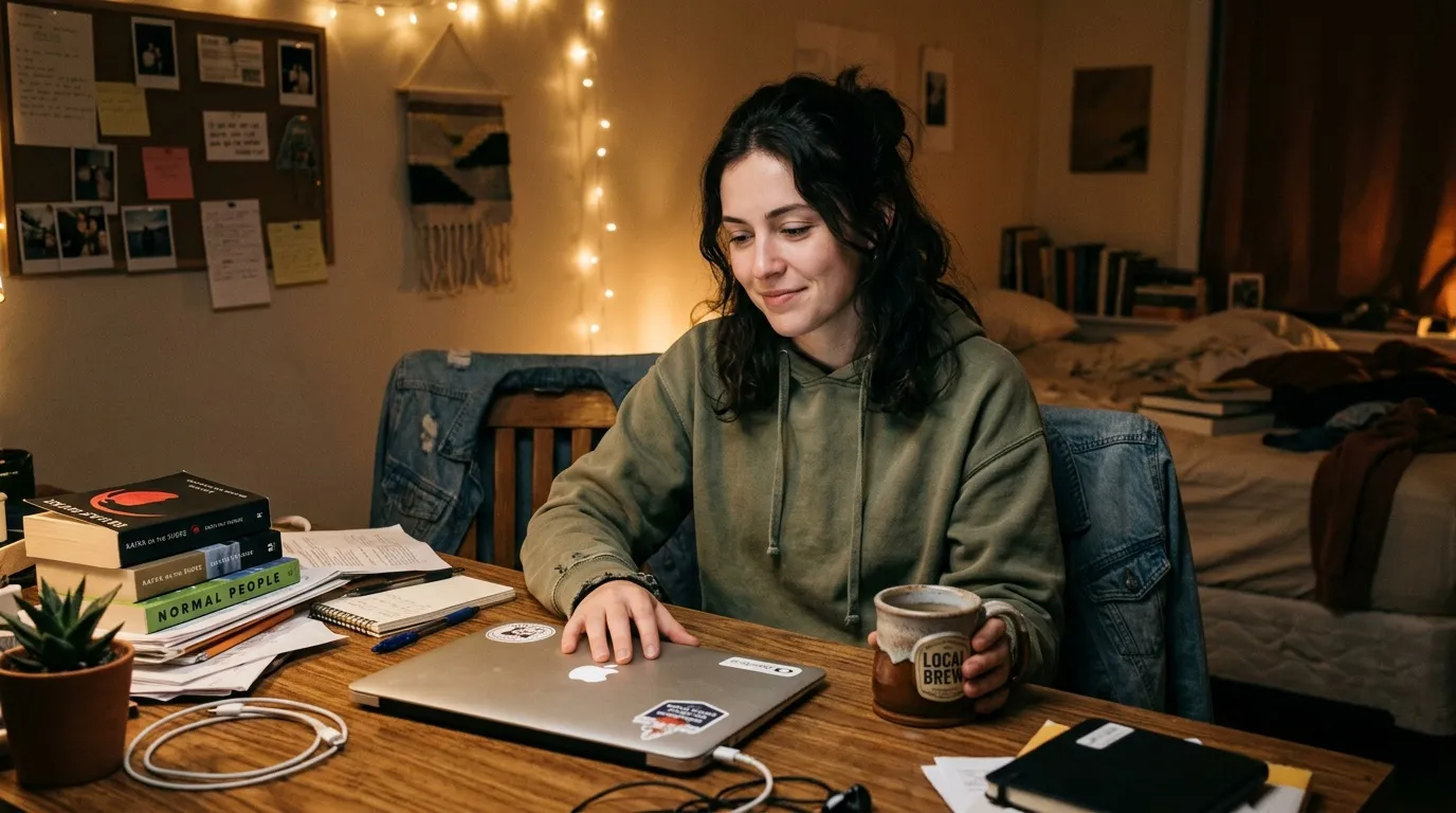 Femme travaillant sur laptop dans chambre chaleureuse avec guirlandes lumineuses