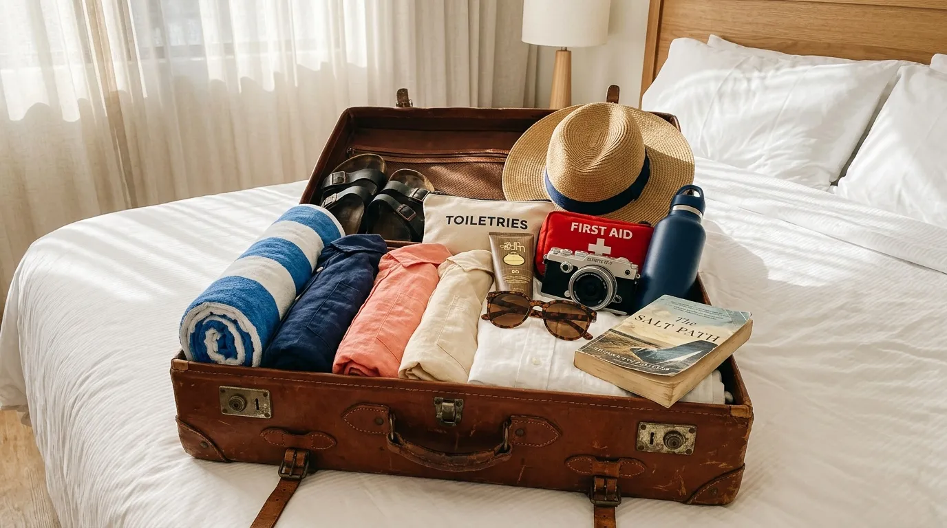Valise vintage ouverte sur lit avec vêtements et accessoires de voyage